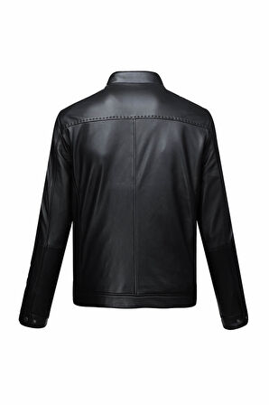 Siyah Slim Fit Hakim Yaka 100% Hakiki Deri Mont | M