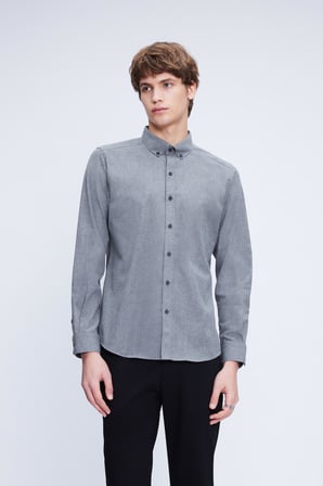 Gri Slim Fit Düğmeli Yaka Pamuklu Uzun Kollu Gömlek | S