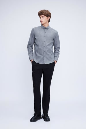 Gri Slim Fit Düğmeli Yaka Pamuklu Uzun Kollu Gömlek | S