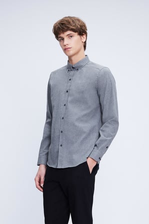 Gri Slim Fit Düğmeli Yaka Pamuklu Uzun Kollu Gömlek | S