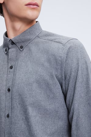 Gri Slim Fit Düğmeli Yaka Pamuklu Uzun Kollu Gömlek | S