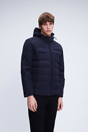 Lacivert Regular Fit Hakim Yaka Kapüşonlu Kaban | XL