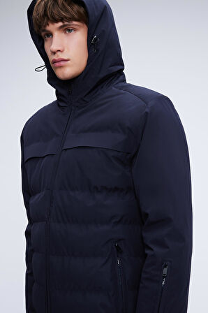 Lacivert Regular Fit Hakim Yaka Kapüşonlu Kaban | XL