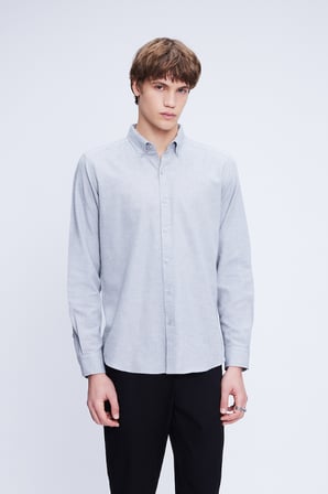 Gri Slim Fit Uzun Kol Düğmeli Yaka Flanel Gömlek | S