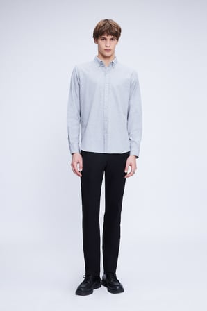 Gri Slim Fit Uzun Kol Düğmeli Yaka Flanel Gömlek | S