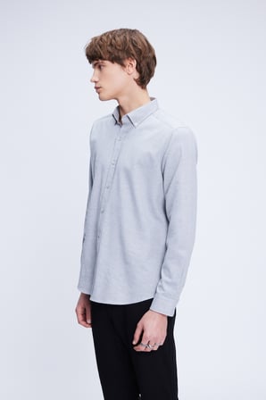 Gri Slim Fit Uzun Kol Düğmeli Yaka Flanel Gömlek | S