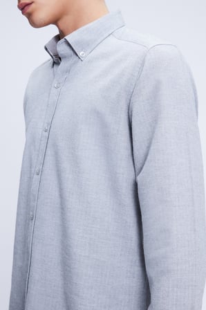 Gri Slim Fit Uzun Kol Düğmeli Yaka Flanel Gömlek | S