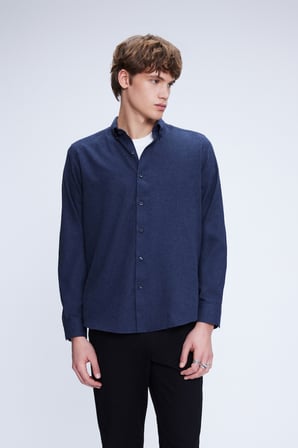 Lacivert Slim Fit Uzun Kol Düğmeli Yaka Pamuklu Flanel Gömlek | S
