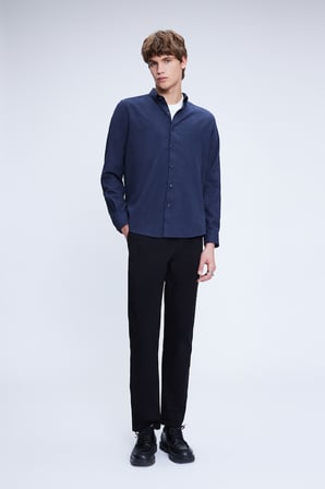 Lacivert Slim Fit Uzun Kol Düğmeli Yaka Pamuklu Flanel Gömlek | S