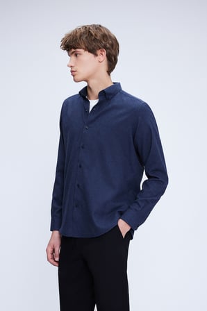 Lacivert Slim Fit Uzun Kol Düğmeli Yaka Pamuklu Flanel Gömlek | S