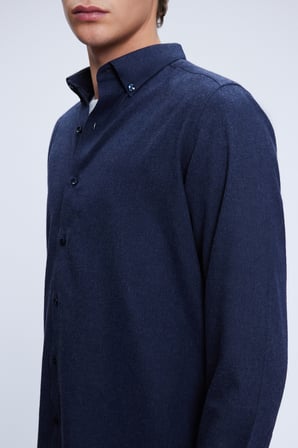 Lacivert Slim Fit Uzun Kol Düğmeli Yaka Pamuklu Flanel Gömlek | S
