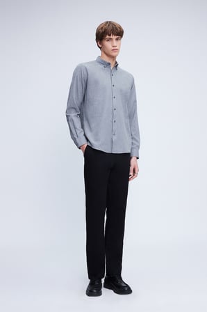 Gri Slim Fit Uzun Kol Düğmeli Yaka Pamuklu Flanel Gömlek | S