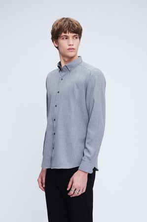 Gri Slim Fit Uzun Kol Düğmeli Yaka Pamuklu Flanel Gömlek | S