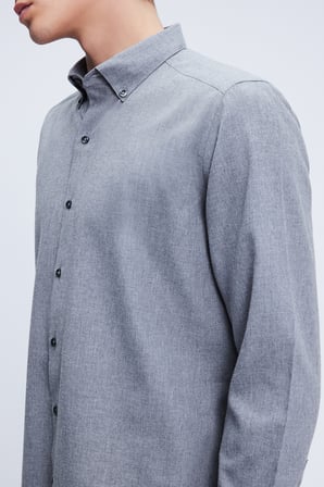 Gri Slim Fit Uzun Kol Düğmeli Yaka Pamuklu Flanel Gömlek | S