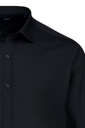 Siyah Klasik Fit  Slim Yaka 100% Pamuk Uzun Kollu Saten Gömlek | 3XL