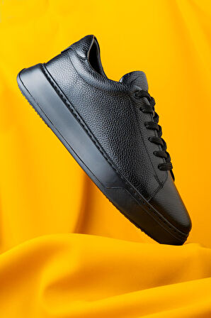 Siyah Casual Bağcıklı Deri Sneakers | 40
