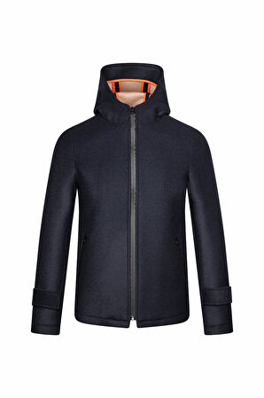 Lacivert Regular Fit Hakim Yaka Kapüşonlu Yünlü Kaşe Mont | XL