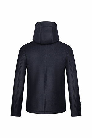 Lacivert Regular Fit Hakim Yaka Kapüşonlu Yünlü Kaşe Mont | XL