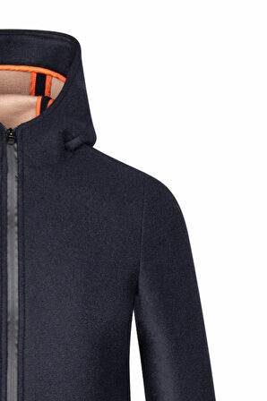 Lacivert Regular Fit Hakim Yaka Kapüşonlu Yünlü Kaşe Mont | XL