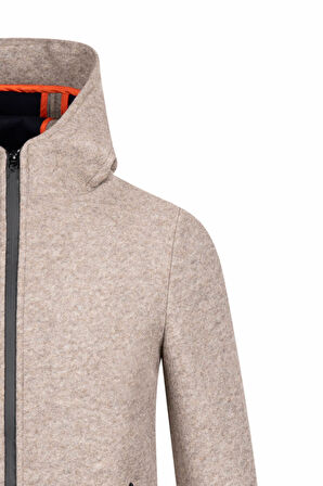 Bej Regular Fit Hakim Yaka Kapüşonlu Yünlü Kaşe Mont | XL