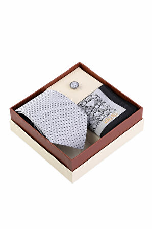 Gri Kravat Mendil ve Yaka Rozeti 3'lü Set | STD