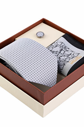 Gri Kravat Mendil ve Yaka Rozeti 3'lü Set | STD