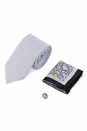 Gri Kravat Mendil ve Yaka Rozeti 3'lü Set | STD