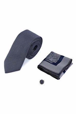 Lacivert Kravat Mendil ve Yaka Rozeti 3'lü Set | STD