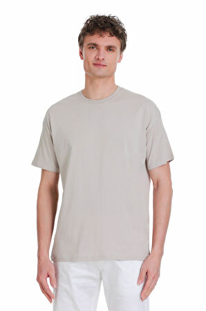 Ekru Regular Fit 100% Pamuk Bisiklet Yaka Oversize Tişört | L