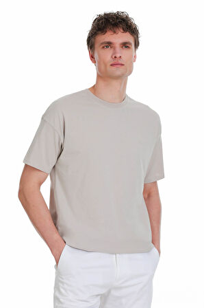 Ekru Regular Fit 100% Pamuk Bisiklet Yaka Oversize Tişört | L