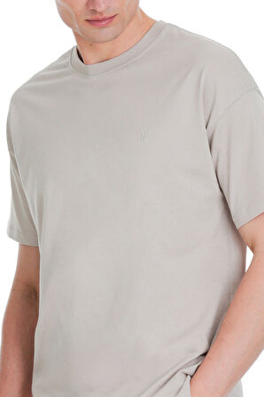 Ekru Regular Fit 100% Pamuk Bisiklet Yaka Oversize Tişört | L