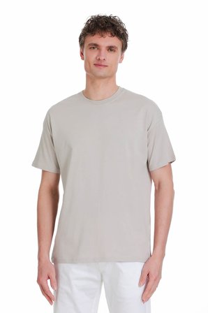 Ekru Regular Fit 100% Pamuk Bisiklet Yaka Oversize Tişört | M
