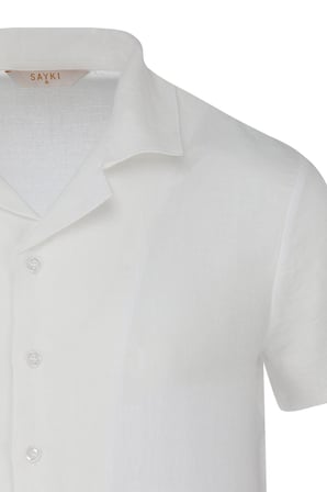 Beyaz Regular Fit Apaş Yaka Keten Gömlek | L