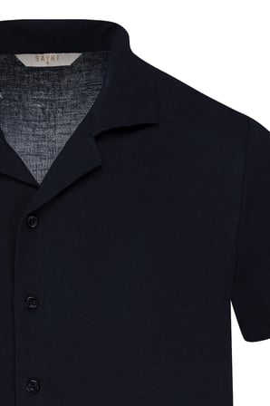 Lacivert Regular Fit Apaş Yaka Keten Gömlek | M