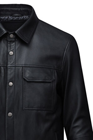 Siyah Regular Fit Bebe Yaka 100% Hakiki Deri Mont | L