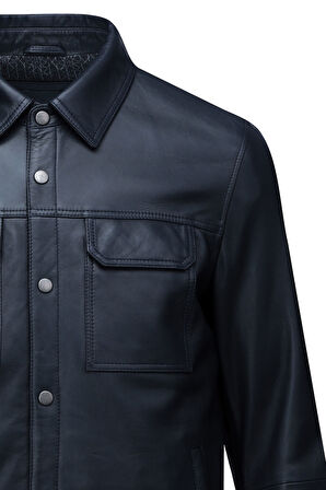 Lacivert Regular Fit Bebe Yaka 100% Hakiki Deri Mont | L