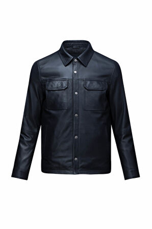 Lacivert Regular Fit Bebe Yaka 100% Hakiki Deri Mont | XL