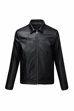 Siyah Regular Fit Bebe Yaka 100% Hakiki Deri Mont | M