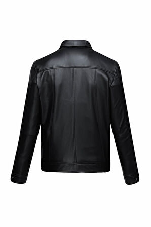Siyah Regular Fit Bebe Yaka 100% Hakiki Deri Mont | M