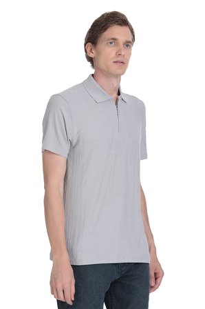 Gri Regular Fit Fermuarlı Polo Yaka Tişört | L