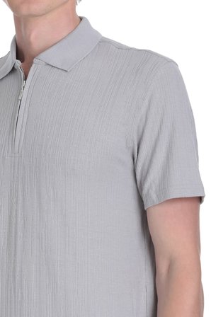 Gri Regular Fit Fermuarlı Polo Yaka Tişört | L