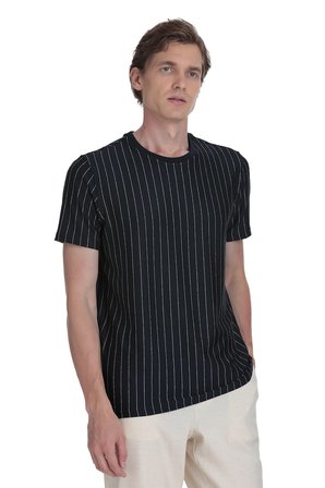 Lacivert Regular Fit Çizgili Bisiklet Yaka Tişört | L