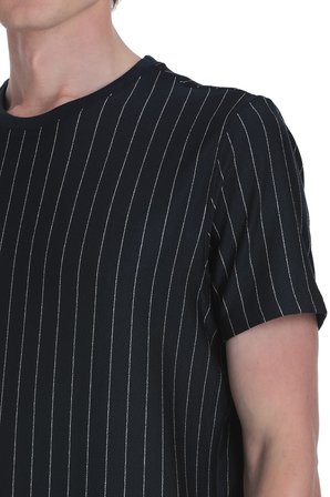 Lacivert Regular Fit Çizgili Bisiklet Yaka Tişört | L