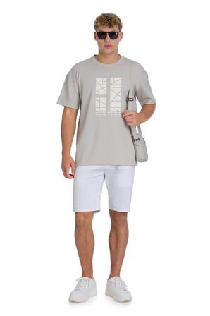 Ekru Regular Fit Bisiklet Yaka Oversize Tişört | L