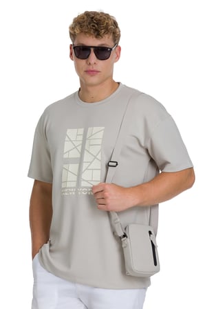 Ekru Regular Fit Bisiklet Yaka Oversize Tişört | L