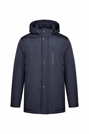 Lacivert Regular Fit Hakim Yaka Kapüşonlu Kaban | XL