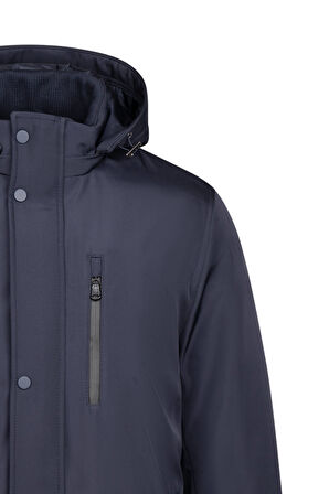 Lacivert Regular Fit Hakim Yaka Kapüşonlu Kaban | XL