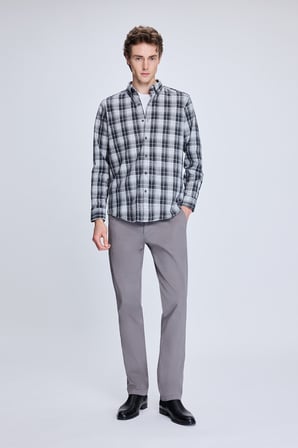 Gri Slim Fit Kareli Düğmeli Yaka Uzun Kollu Pamuklu Gömlek | S