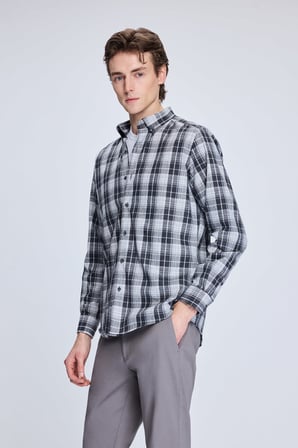 Gri Slim Fit Kareli Düğmeli Yaka Uzun Kollu Pamuklu Gömlek | S