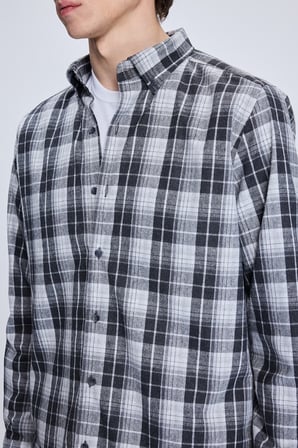 Gri Slim Fit Kareli Düğmeli Yaka Uzun Kollu Pamuklu Gömlek | S